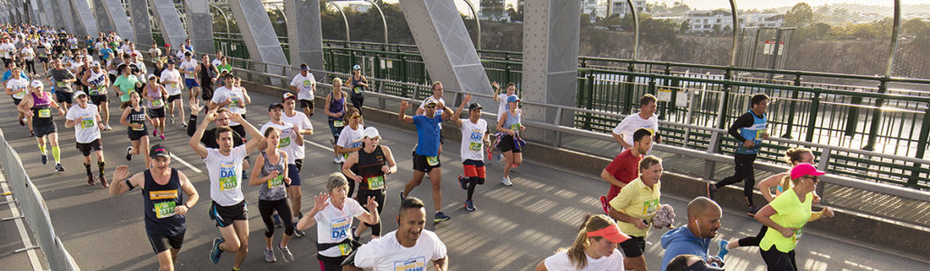 Bridge to Brisbane runners on the Story Bridge at sunrise